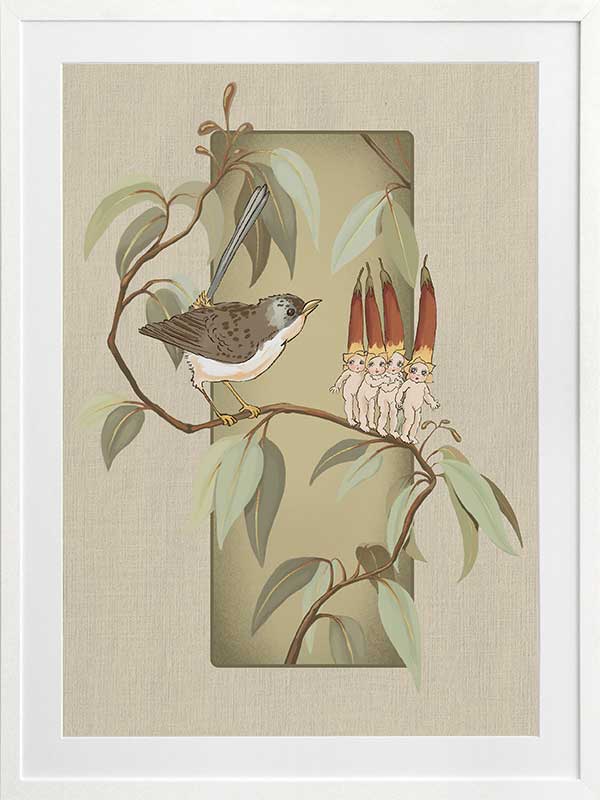 A Song for the Native Fuchsia Babies Olive Green Framed Art Print