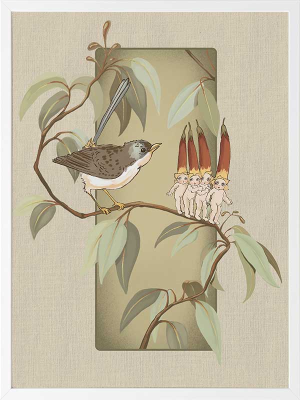 A Song for the Native Fuchsia Babies Olive Green Framed Art Print