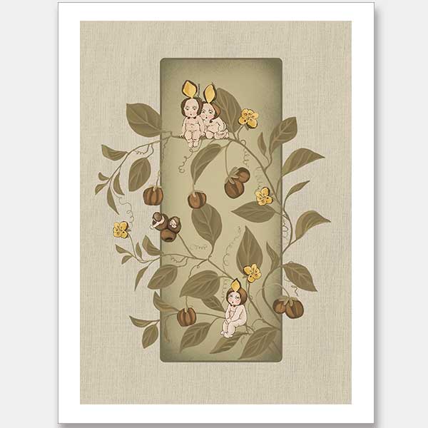 A Day with the Boronia Babies Olive Green Unframed Art Print