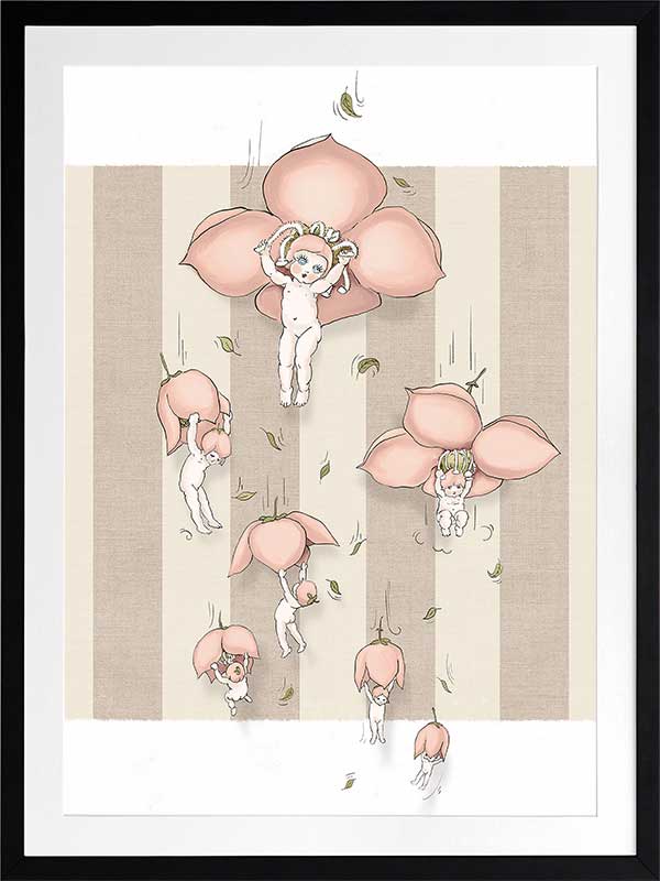 Floating Flower Babies Neutral Framed Art Print