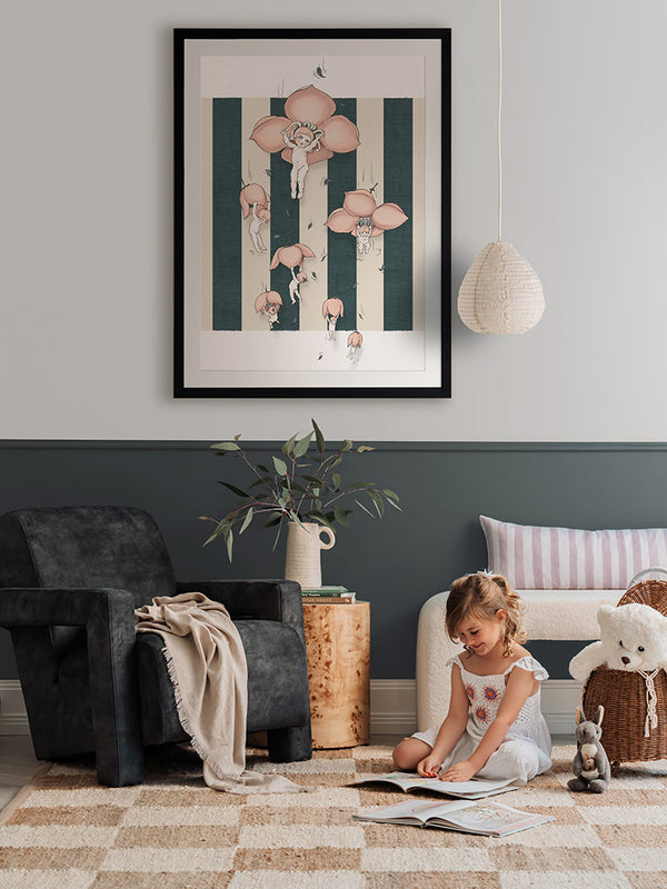 Floating Flower Babies Blue Framed Art Print | Lifestyle