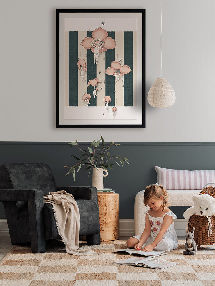 Floating Flower Babies Blue Framed Art Print | Lifestyle