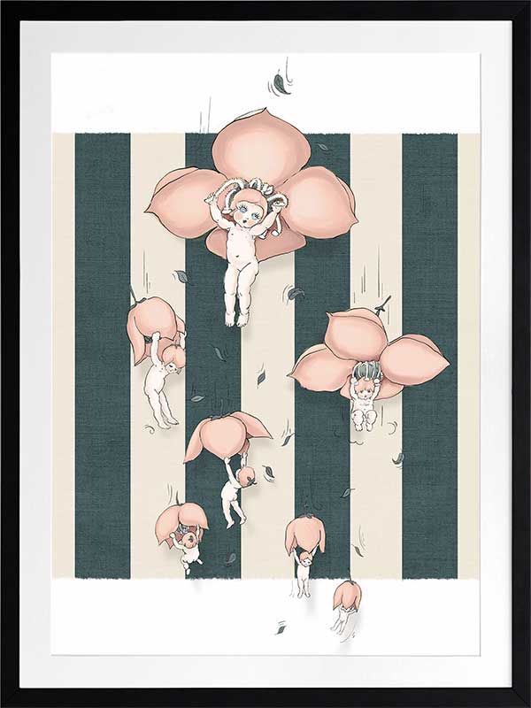 Floating Flower Babies Blue Framed Art Print