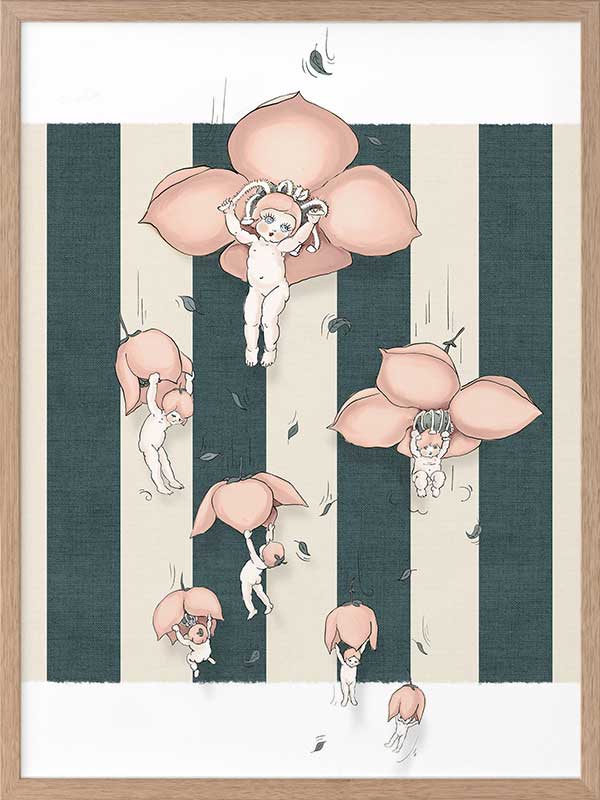 Floating Flower Babies Blue Framed Art Print