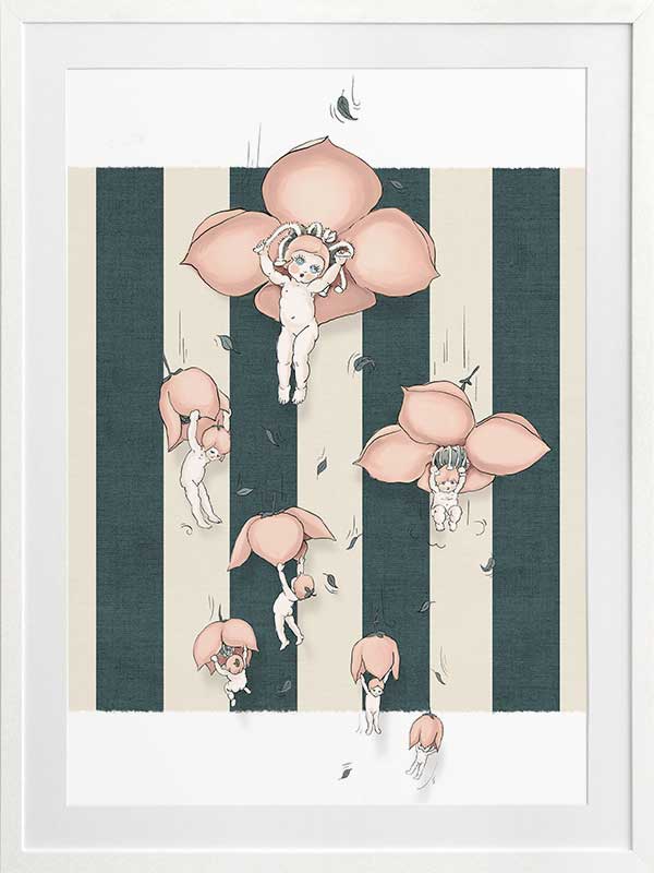 Floating Flower Babies Blue Framed Art Print