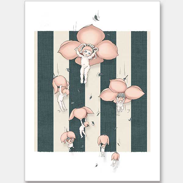 Floating Flower Babies Blue Unframed Art Print