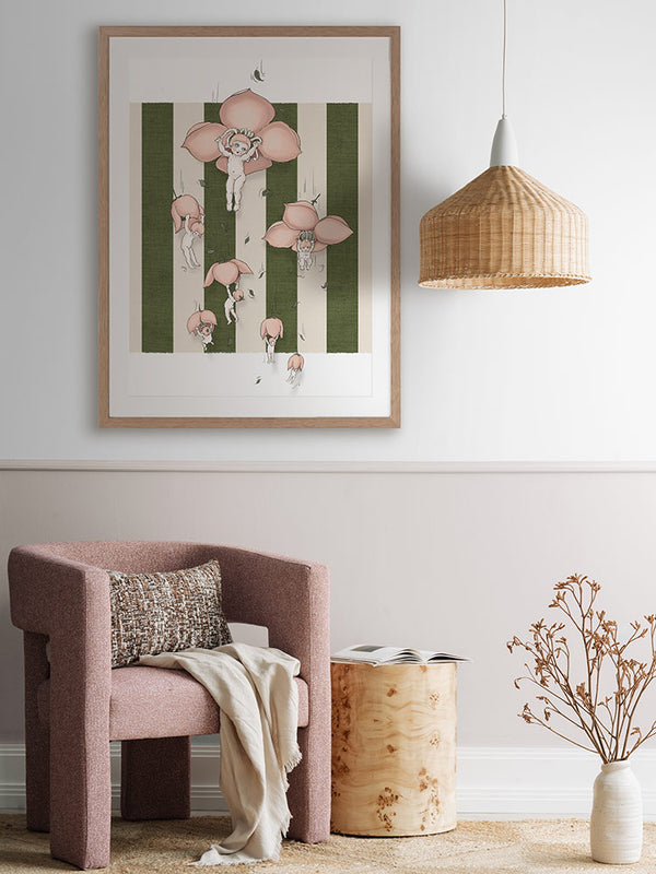 Floating Flower Babies Green Framed Art Print | Lifestyle