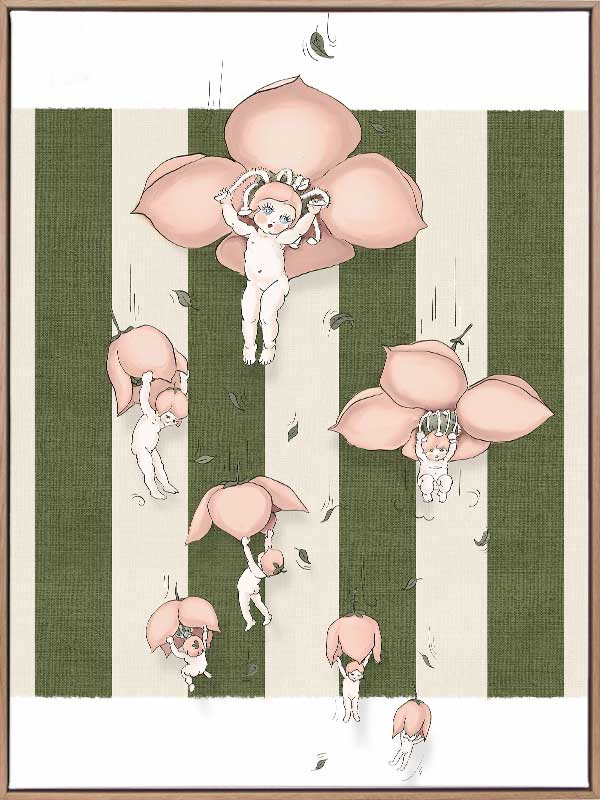 Floating Flower Babies Green Canvas Art Print