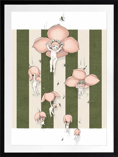 Floating Flower Babies Green Framed Art Print