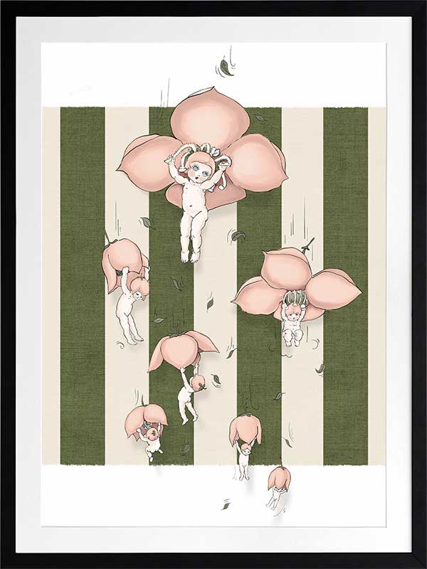 Floating Flower Babies Green Framed Art Print
