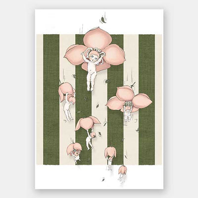 Floating Flower Babies Green Unframed Art Print