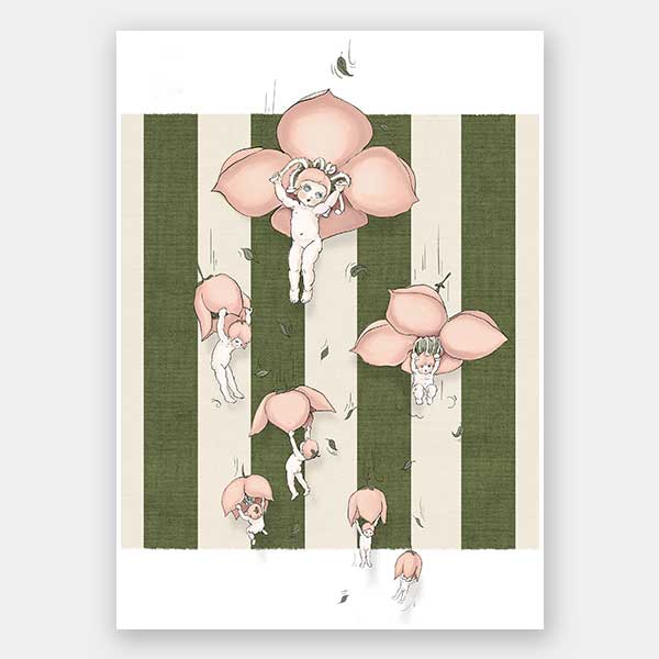Floating Flower Babies Green Unframed Art Print