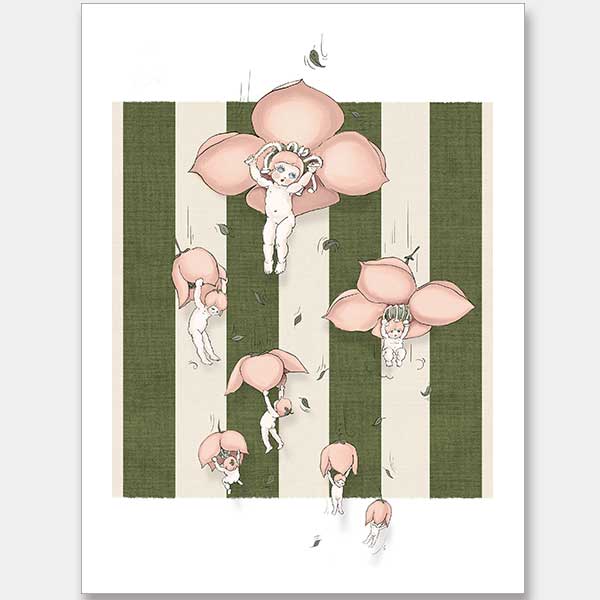 Floating Flower Babies Green Unframed Art Print
