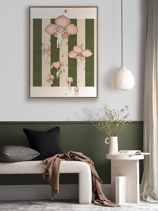 Floating Flower Babies Green Canvas Art Print | Lifestyle