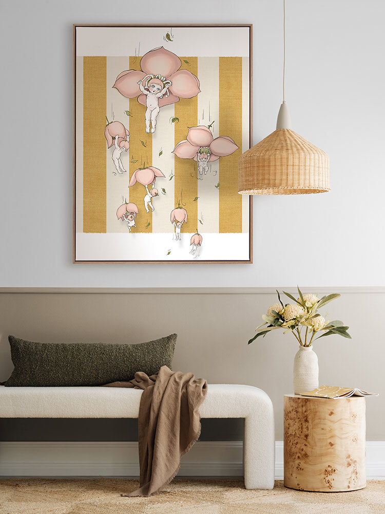 Floating Flower Babies Mustard Canvas Art Print | Lifestyle