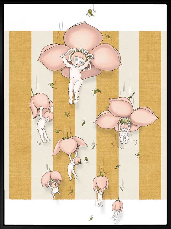 Floating Flower Babies Mustard Canvas Art Print
