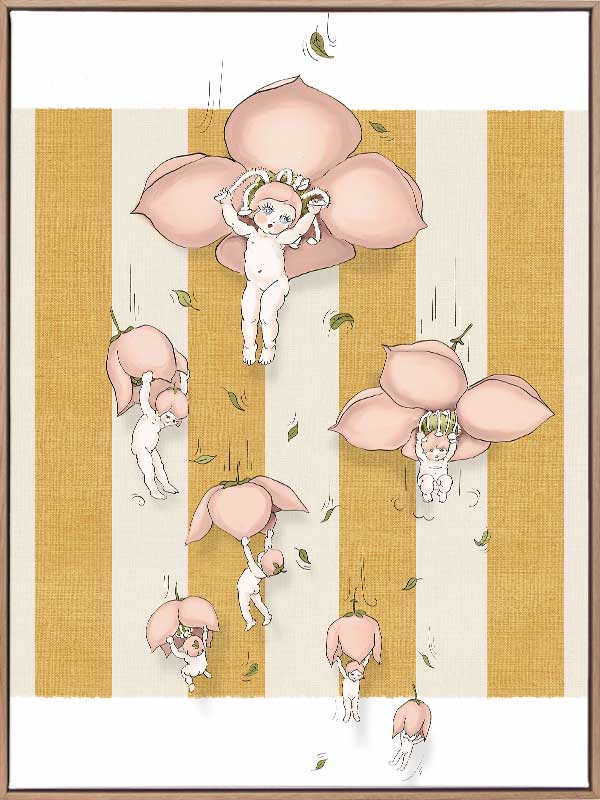 Floating Flower Babies Mustard Canvas Art Print