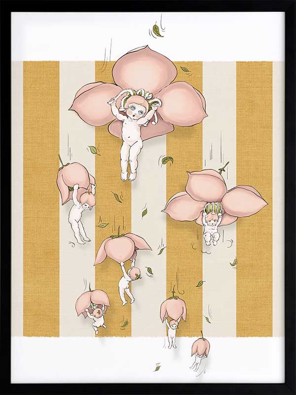 Floating Flower Babies Mustard Framed Art Print