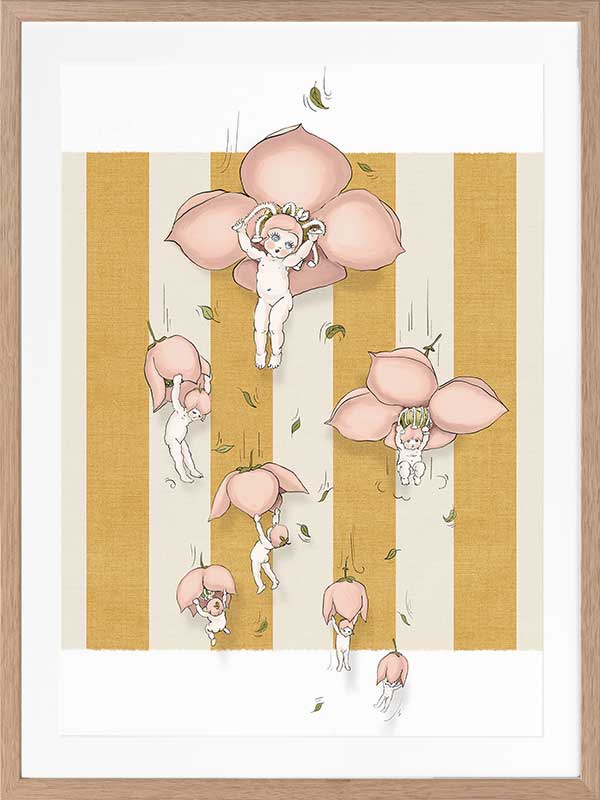 Floating Flower Babies Mustard Framed Art Print