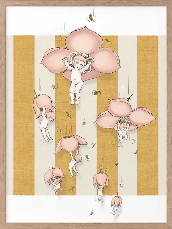 Floating Flower Babies Mustard Framed Art Print