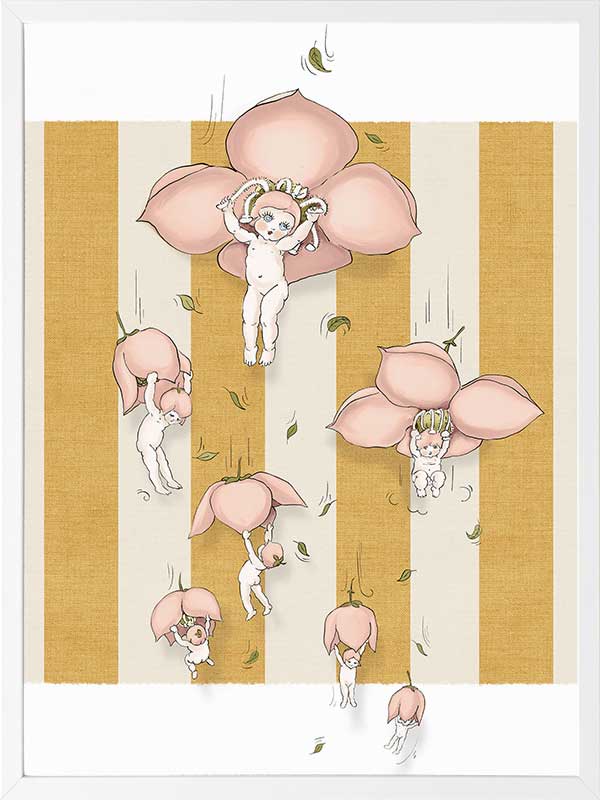 Floating Flower Babies Mustard Framed Art Print