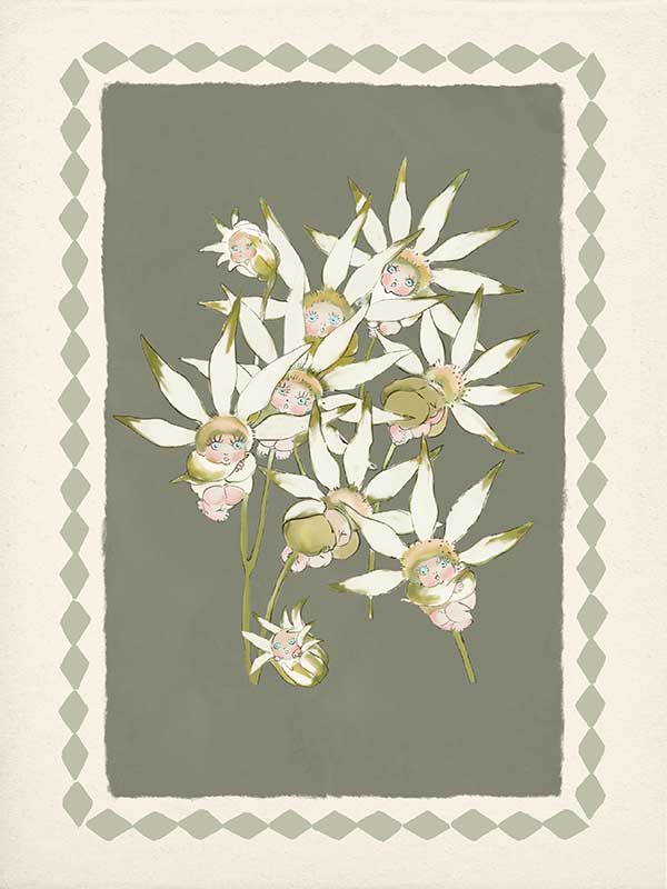 Nestled Among the Flannel Flower Babies Green Canvas Art Print