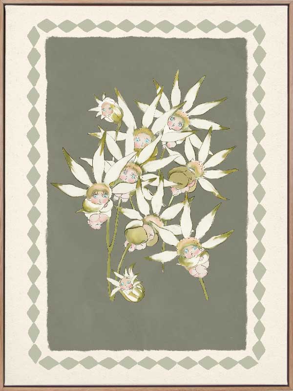 Nestled Among the Flannel Flower Babies Green Canvas Art Print