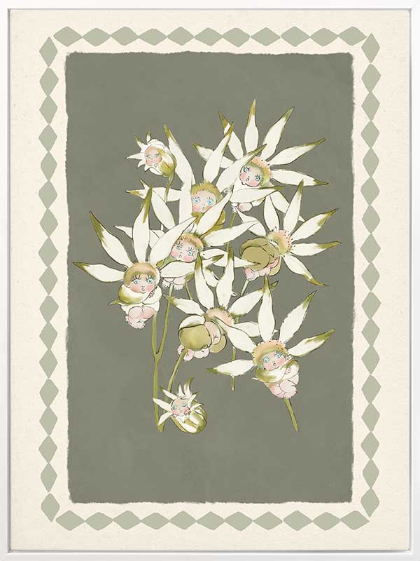 Nestled Among the Flannel Flower Babies Green Canvas Art Print