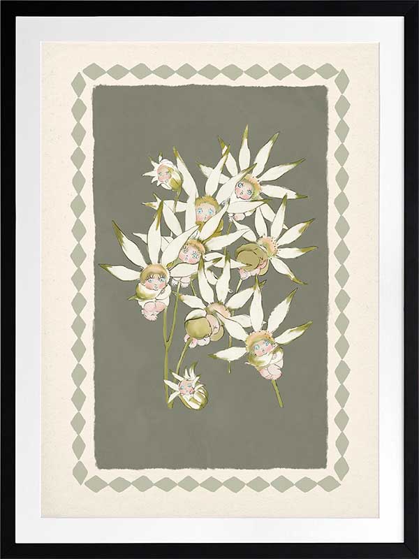 Nestled Among the Flannel Flower Babies Green Framed Art Print