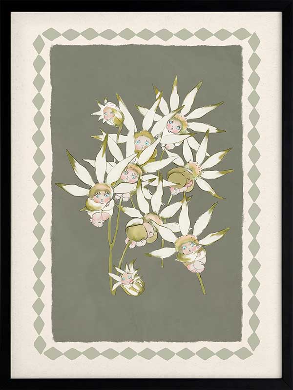 Nestled Among the Flannel Flower Babies Green Framed Art Print