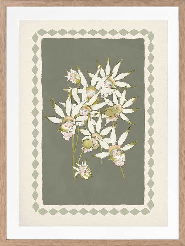 Nestled Among the Flannel Flower Babies Green Framed Art Print