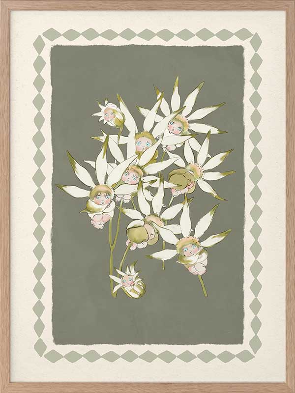Nestled Among the Flannel Flower Babies Green Framed Art Print