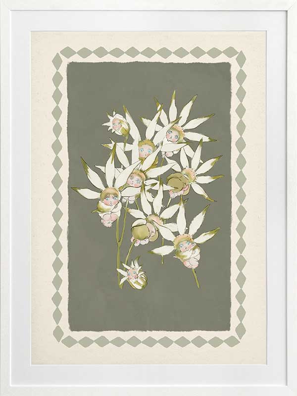 Nestled Among the Flannel Flower Babies Green Framed Art Print