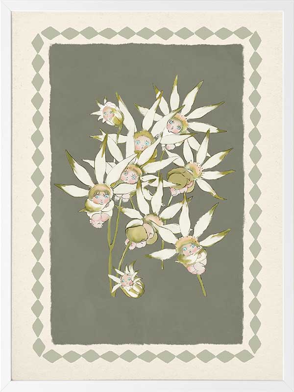 Nestled Among the Flannel Flower Babies Green Framed Art Print