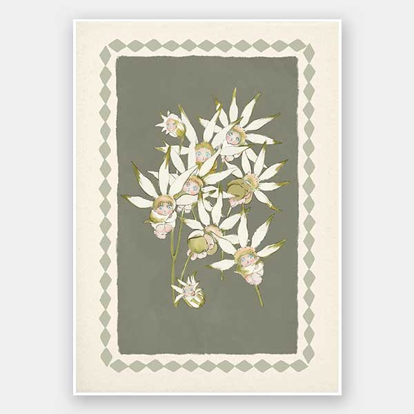 Nestled Among the Flannel Flower Babies Green Unframed Art Print