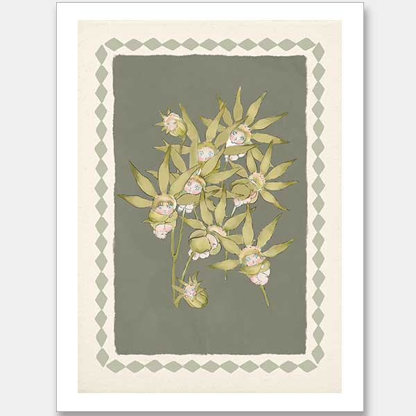 Nestled Among the Flannel Flower Babies Green Unframed Art Print