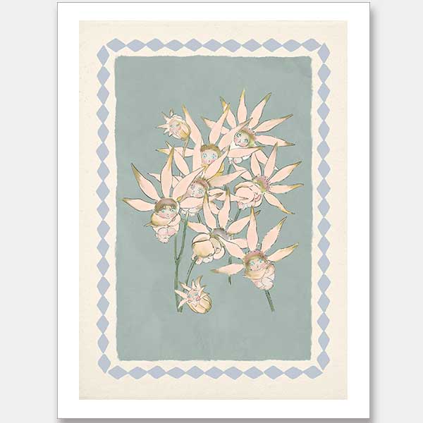 Nestled Among the Flannel Flower Babies Light Blue Unframed Art Print