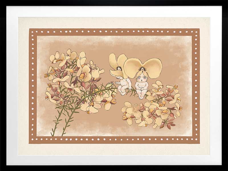 Pea Flower Poppets Brown Framed Art Print