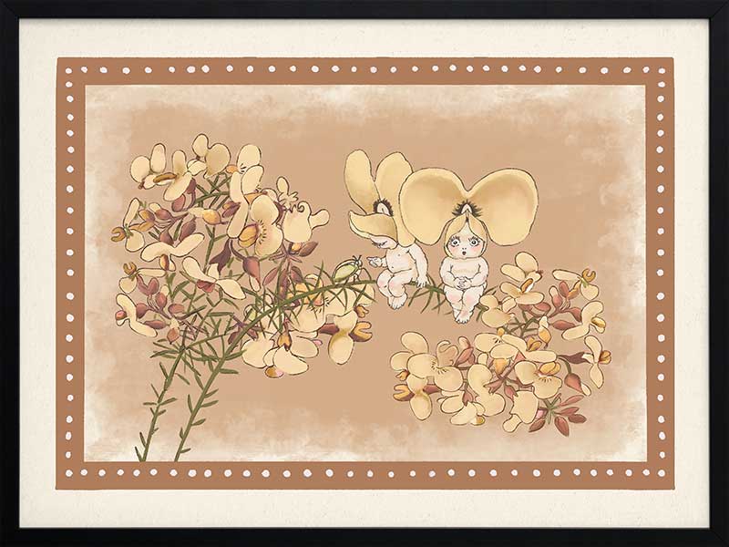 Pea Flower Poppets Brown Framed Art Print