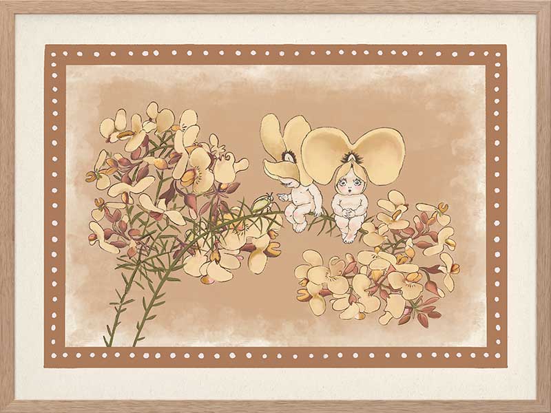 Pea Flower Poppets Brown Framed Art Print