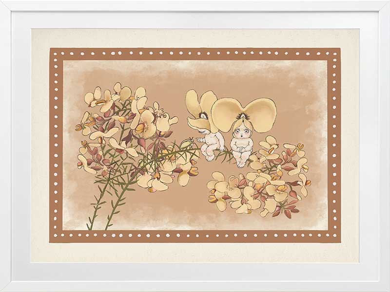Pea Flower Poppets Brown Framed Art Print