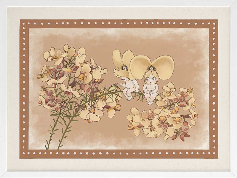 Pea Flower Poppets Brown Framed Art Print