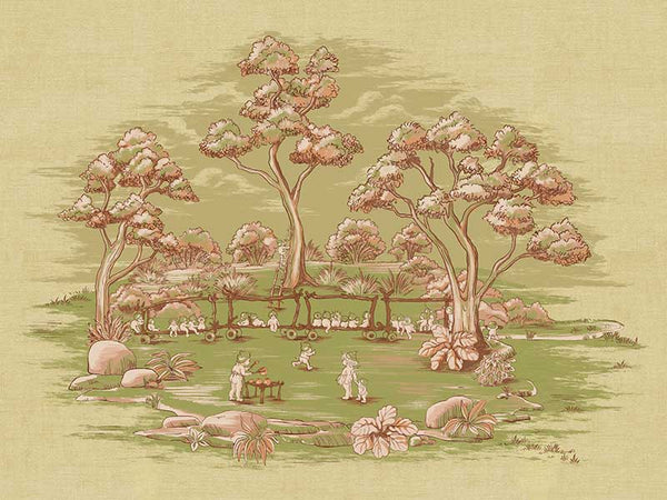 The Gumnut Spring Parade Light Green Canvas Art Print by Urban Road features a vintage-inspired scene of people enjoying a bush landscape, with tall trees and native plants in nostalgic green and brown tones on a soft beige background.