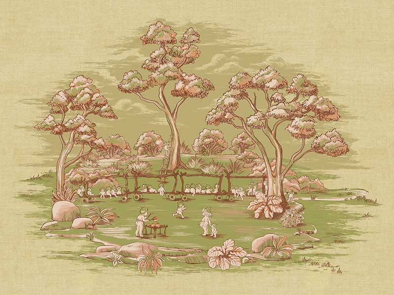 The Gumnut Spring Parade Light Green Canvas Art Print by Urban Road features a vintage-inspired scene of people enjoying a bush landscape, with tall trees and native plants in nostalgic green and brown tones on a soft beige background.