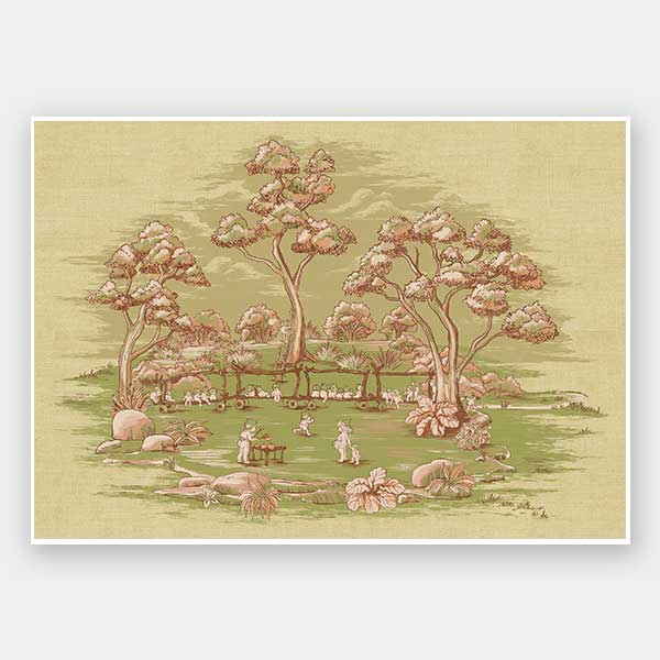 The Gumnut Spring Parade Light Green Unframed Art Print by Urban Road features a pastoral scene with tall trees, rocks, and children by a pond on a muted beige backdrop, evoking vintage Australian bushland art in soft, earthy tones.
