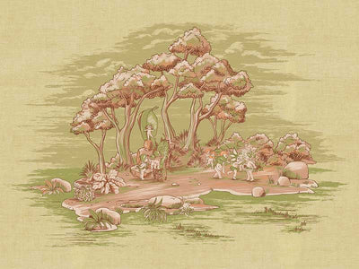 The Gathering at Wattle Hollow Light Green Canvas Art Print by Urban Road features a vintage-style scene of people enjoying grassy Australian bushland, with tall trees and rocks in muted earthy tones and a softly textured background.