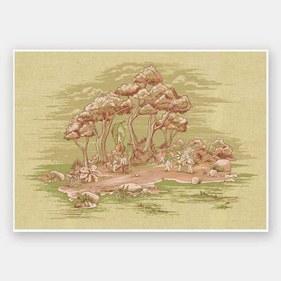 The Urban Road "Gathering at Wattle Hollow" Light Green Unframed Art Print features a vintage-style scene of people and animals along a tree-lined path, evoking the Australian bush in muted tones.