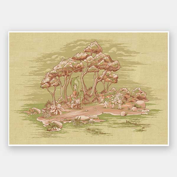 The Urban Road "Gathering at Wattle Hollow" Light Green Unframed Art Print features a vintage-style scene of people and animals along a tree-lined path, evoking the Australian bush in muted tones.
