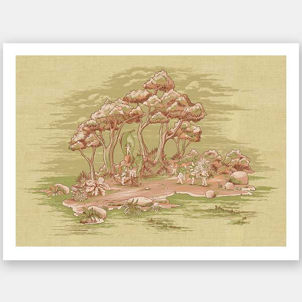 The Urban Road "Gathering at Wattle Hollow" Light Green Unframed Art Print features a vintage-style scene of people and animals along a tree-lined path, evoking the Australian bush in muted tones.