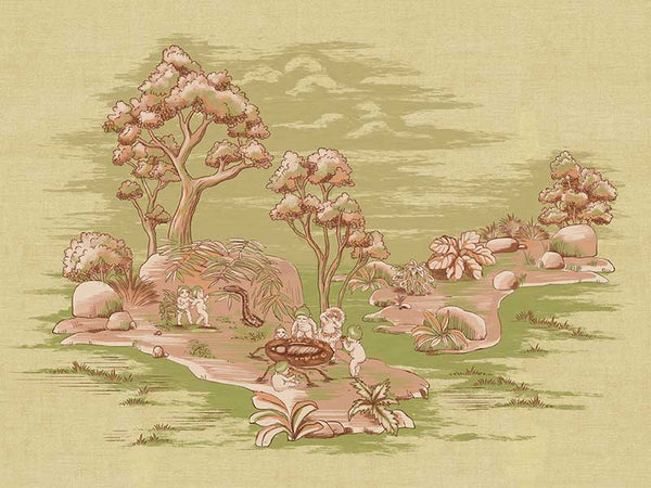 The Picnic by the Billabong Light Green Canvas Art Print by Urban Road features vintage-style children playing by a large bowl among trees and rocks, with another child and animal in the background. Muted greens and browns add timeless charm.